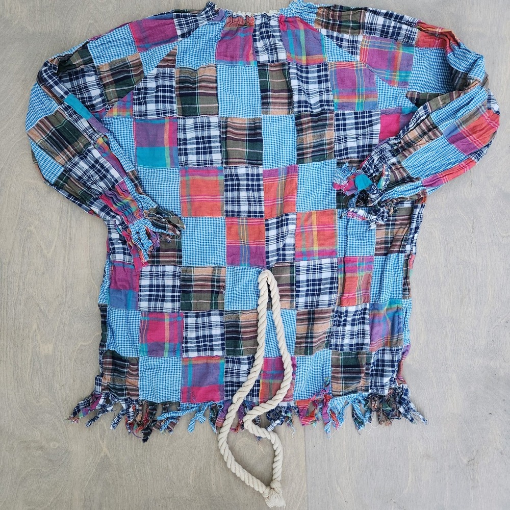 Scarecrow costume‎ Patchwork Plaid Tunic Top with Fringe Bohemian Festival S
